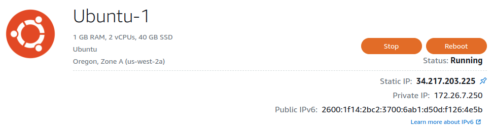 Lightsail dashboard, showing Static IP and Public IPv6 addresses