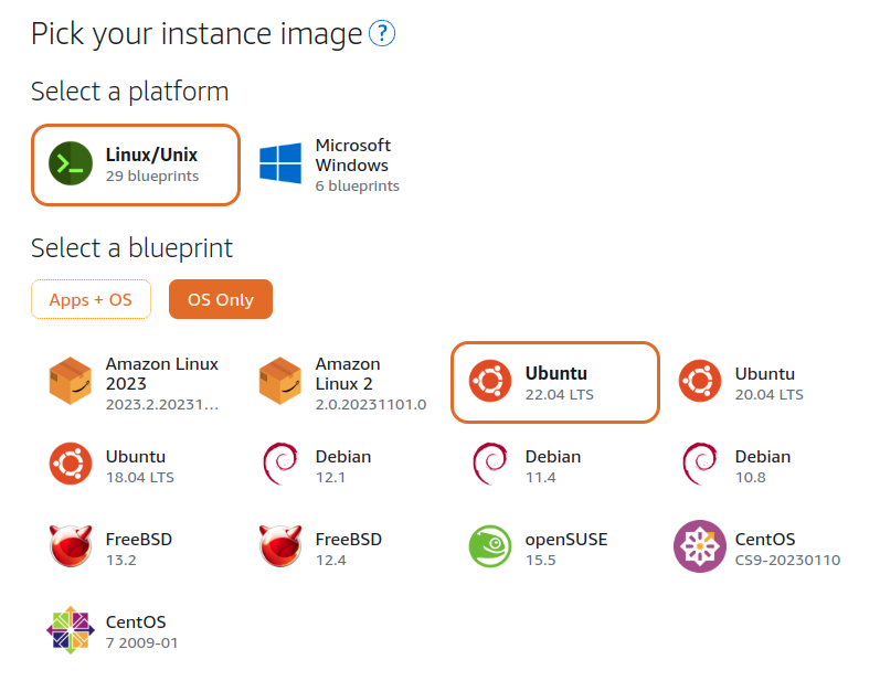 Lightsail setup: pick Ubuntu 22.04 LTS